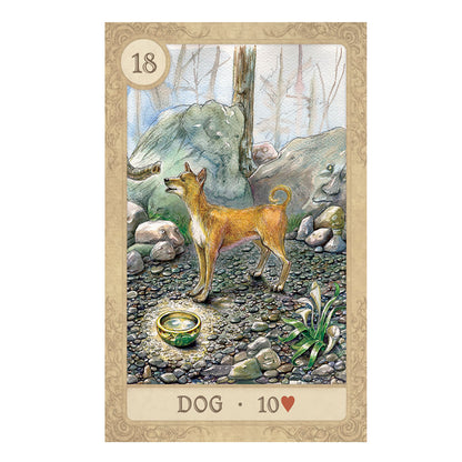 Fairy Tale Lenormand Card with a dog standing on a rocky path, surrounded by nature elements. 18 - Dog - 10 of Hearts