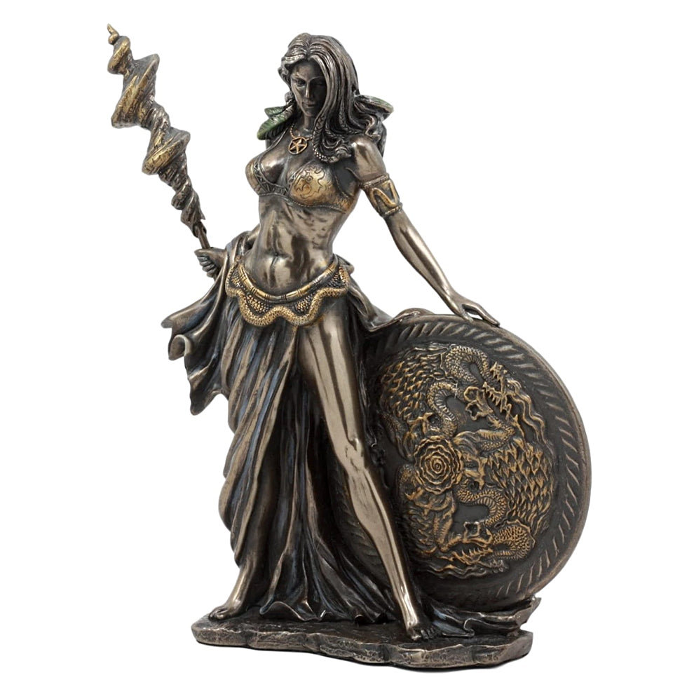 Statue of a Frigga with a shield and spear on a white background