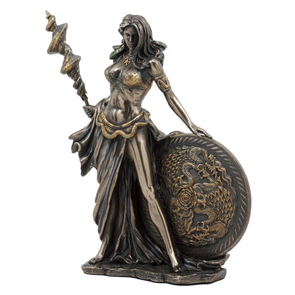 Statue of a Frigga with a shield and spear on a white background