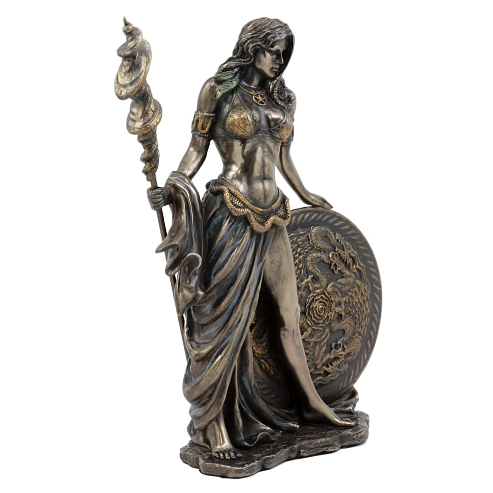 Statue of a Frigga holding a spear and shield on a white background