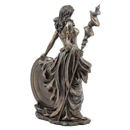 Bronze statue of Frigga holding a spear and shield on a white background
