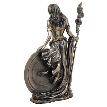 Statue of Frigga with a shield and spear on a white background