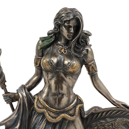 Bronze statue of Frigga with detailed attire on a white background
