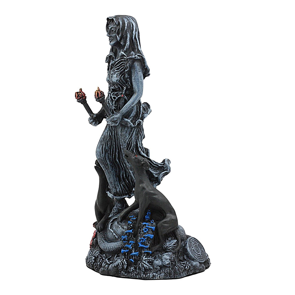 Statue of Hecate holding two torches. Two black dogs are at her left and right.