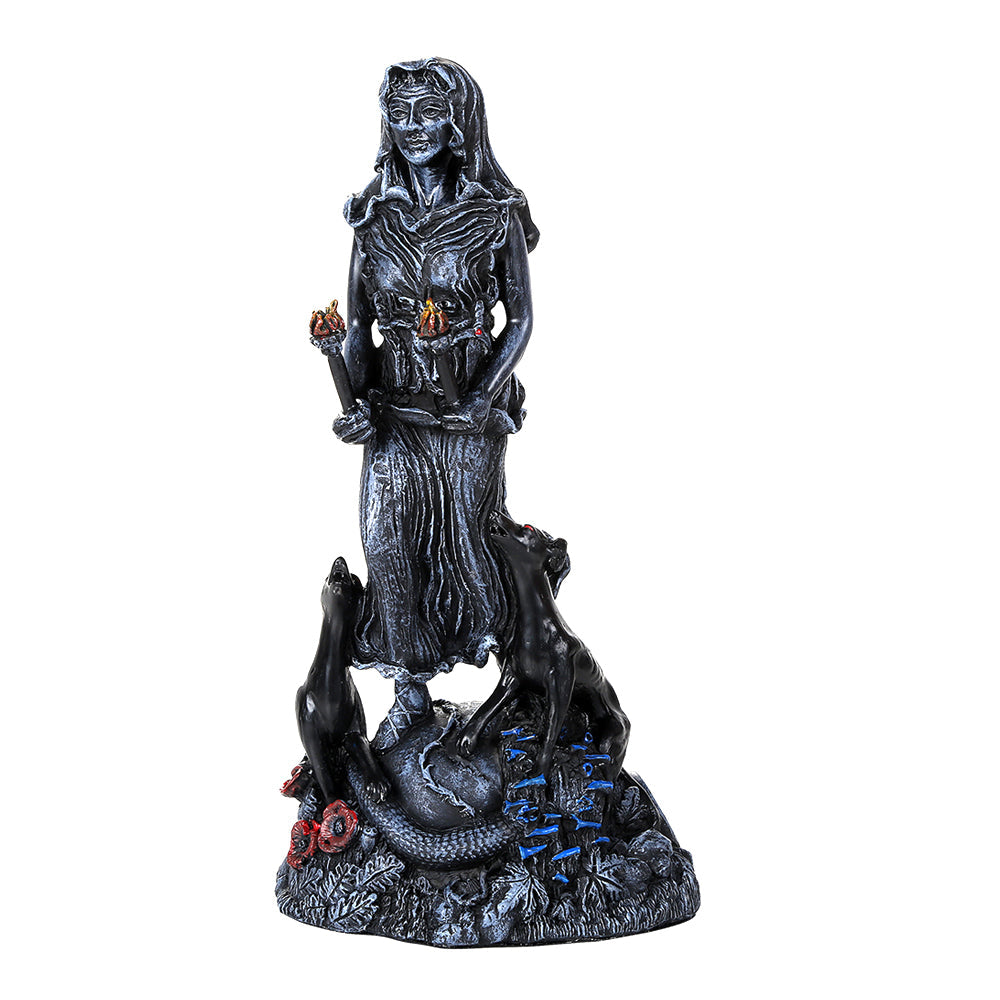 Statue of Hecate holding two torches. Two black dogs are at her left and right.
