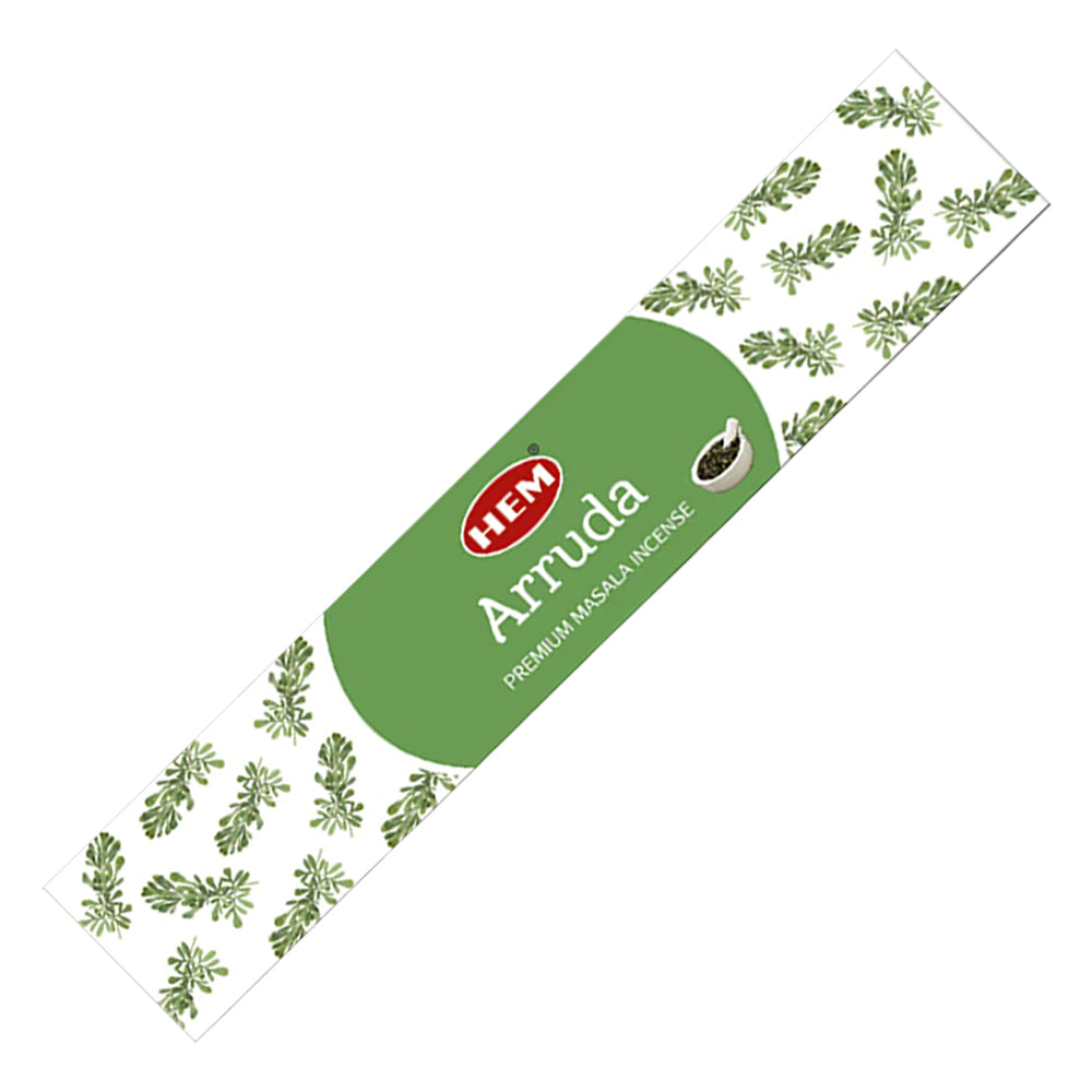 Green HEM Incense packaging with 'Arruda' text on a white background