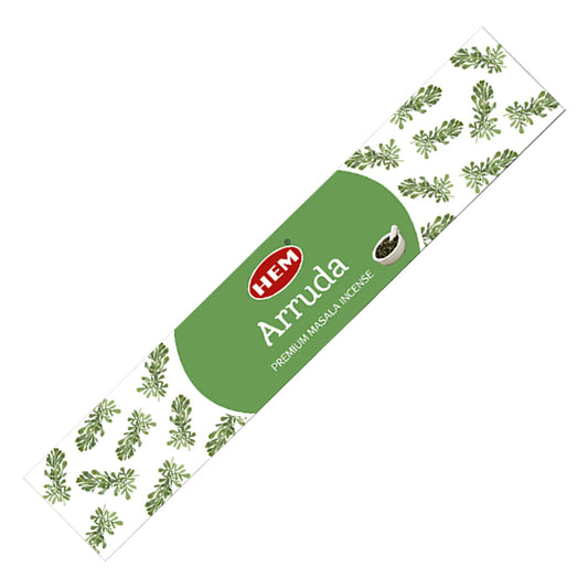 Green HEM Incense packaging with 'Arruda' text on a white background