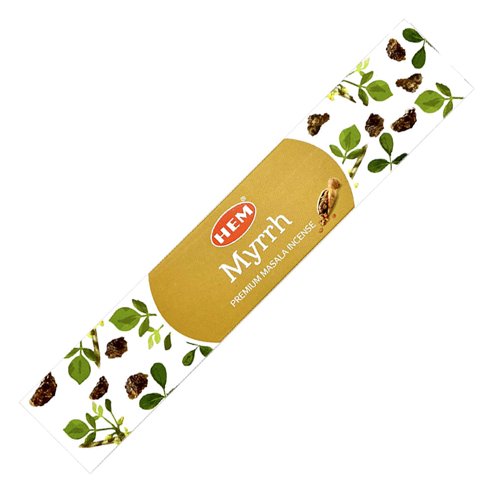 Hem Myrrh incense stick packaging with botanical illustrations on a white background
