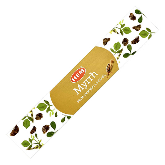 Hem Myrrh incense stick packaging with botanical illustrations on a white background
