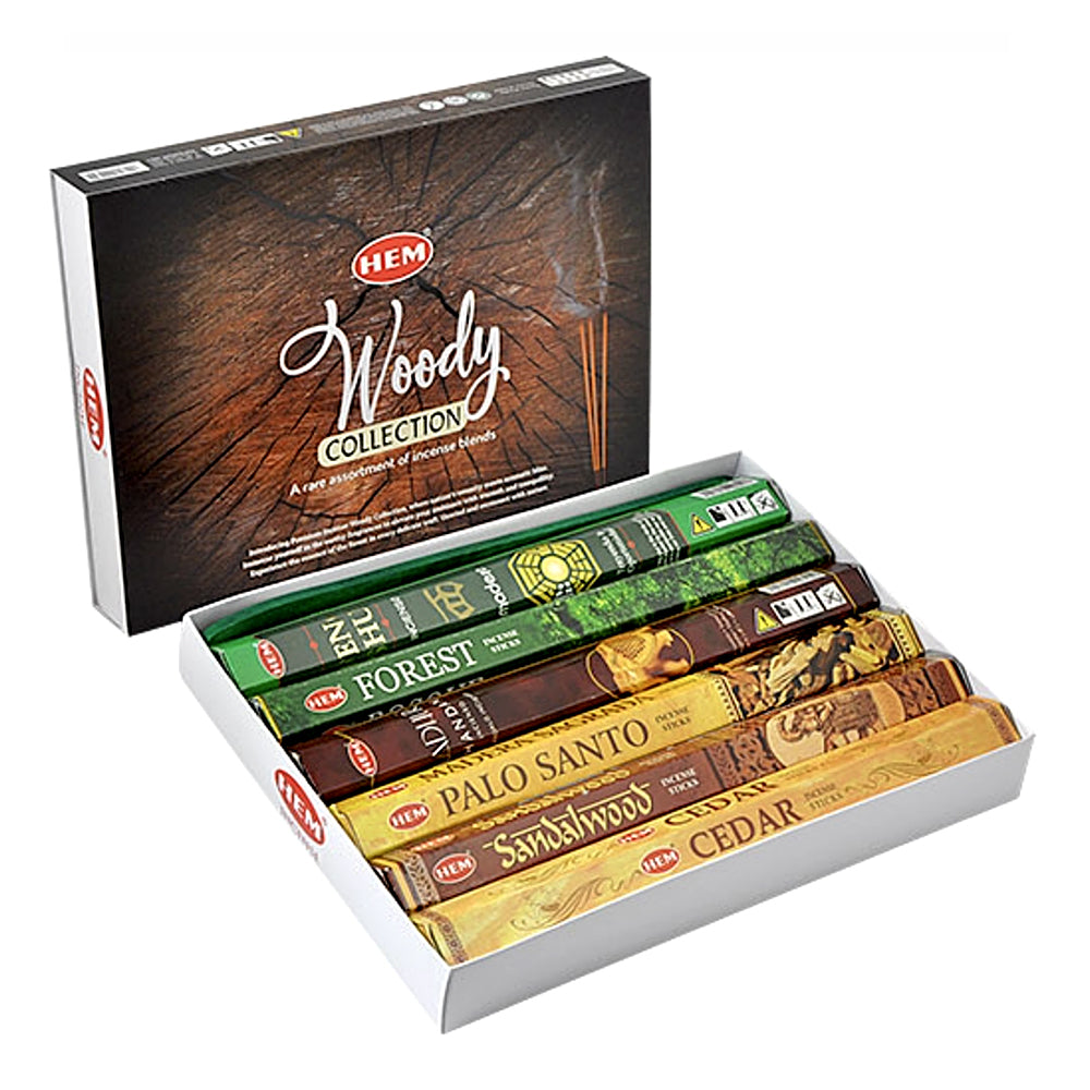 Box of HEM incense sticks with various scents on a white background
