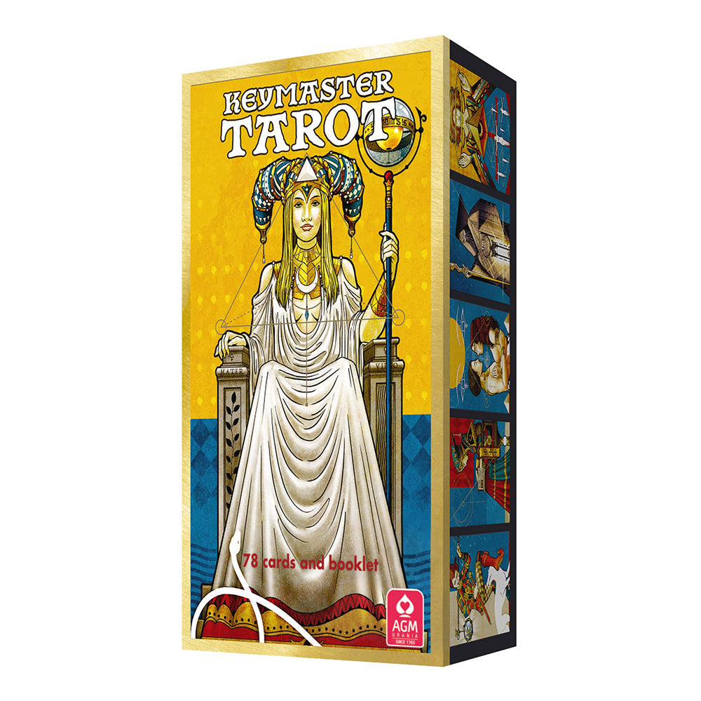 Keymaster Tarot card game box with a woman in a white dress and headdress on a yellow background