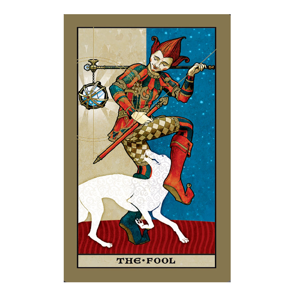 Tarot card featuring 'The Fool' with a jester-like figure and white dog on a colorful background.