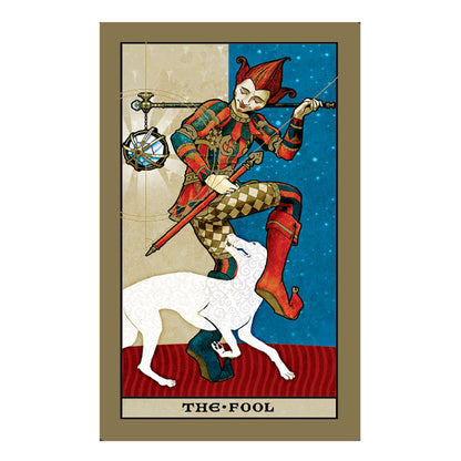 Tarot card featuring 'The Fool' with a jester-like figure and white dog on a colorful background.