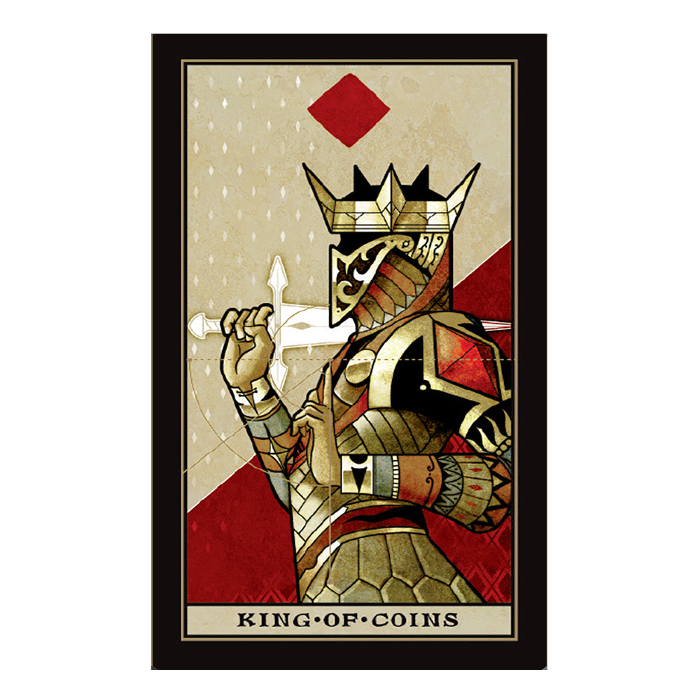 Card featuring a king holding a sword with 'King of Coins' text on a beige and red background