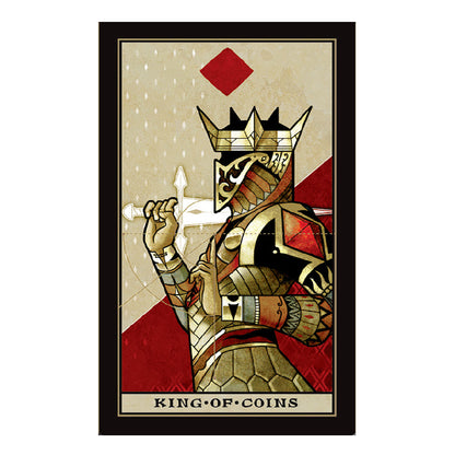 Card featuring a king holding a sword with 'King of Coins' text on a beige and red background