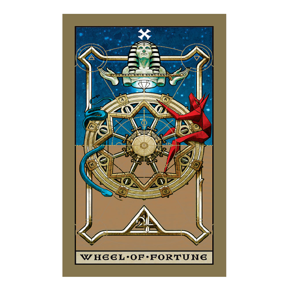 Wheel of Fortune tarot card with Egyptian Pharoah and geometric wheel design on a blue and brown background.