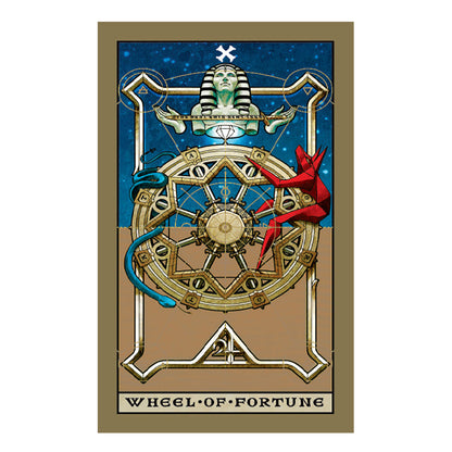 Wheel of Fortune tarot card with Egyptian Pharoah and geometric wheel design on a blue and brown background.
