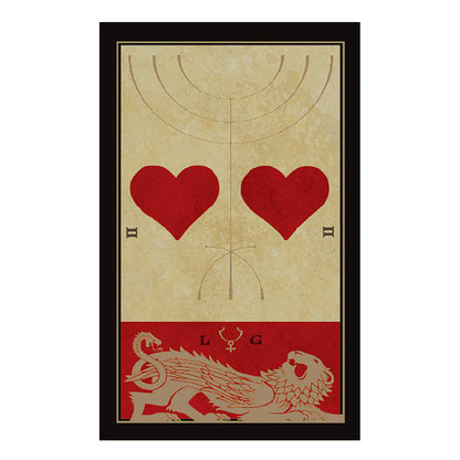 Decorative panel with red hearts, a dragon emblem, and  L G  branding on a beige and red background.