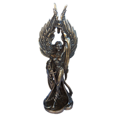 Bronze statue of The Morrigan on a white background