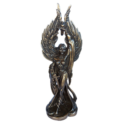 Bronze statue of The Morrigan on a white background