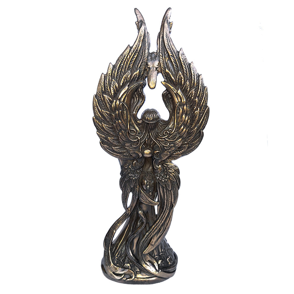 Bronze statue of The Morrigan photoed from the back on a white background