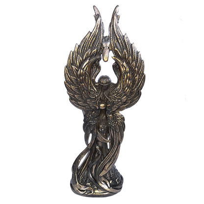 Bronze statue of The Morrigan photoed from the back on a white background