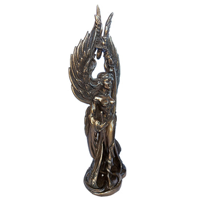 Bronze cast statue of The Morrigan seen from the side
