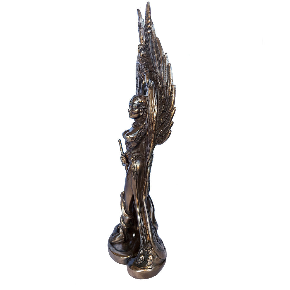 Bronze cast statue of The Morrigan seen from the left side