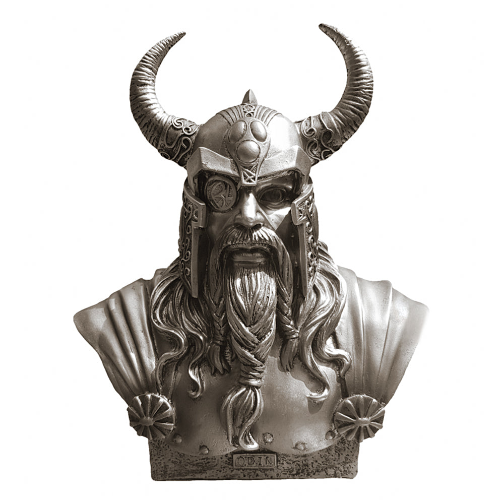 Metallic bust of a bearded Odin figure with horned helmet on a white background