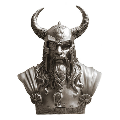 Metallic bust of a bearded Odin figure with horned helmet on a white background