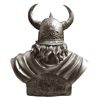 Back of a bust of Odin wearing a horned helmet.