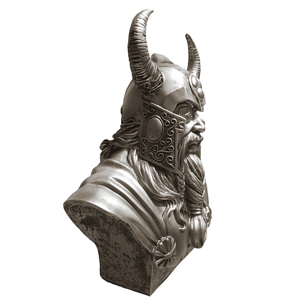 Metallic bust of Odin wearing a horned helmet on a white background