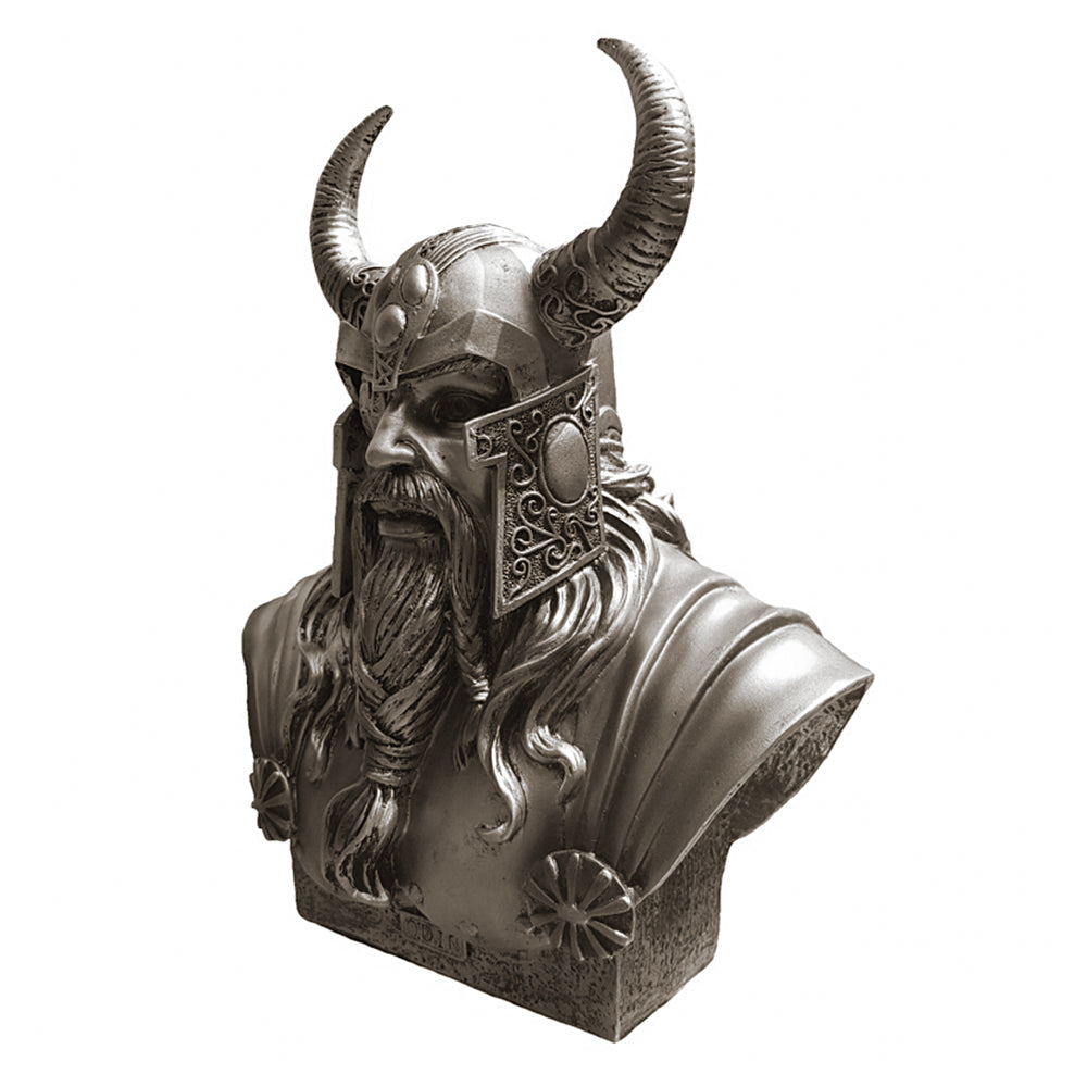 Metallic bust of Odin wearing a horned helmet
