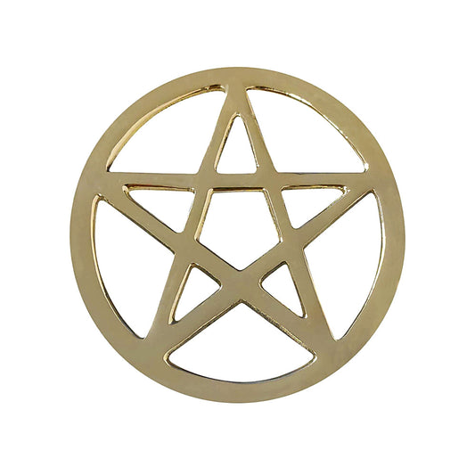 Shiny brass pentacle altar tile on a white background
