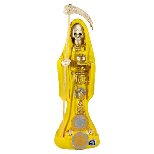 Statue of yellow Santa Muerte with gold accents