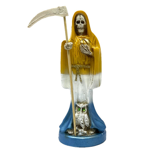 Statue of a Santa Muerte with a scythe and owl on a white background