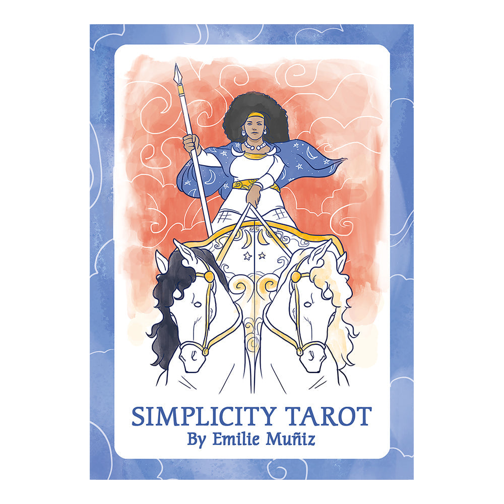 Card from the Simplicity Tarot by Emilie Muniz featuring a person on horseback with a spear.