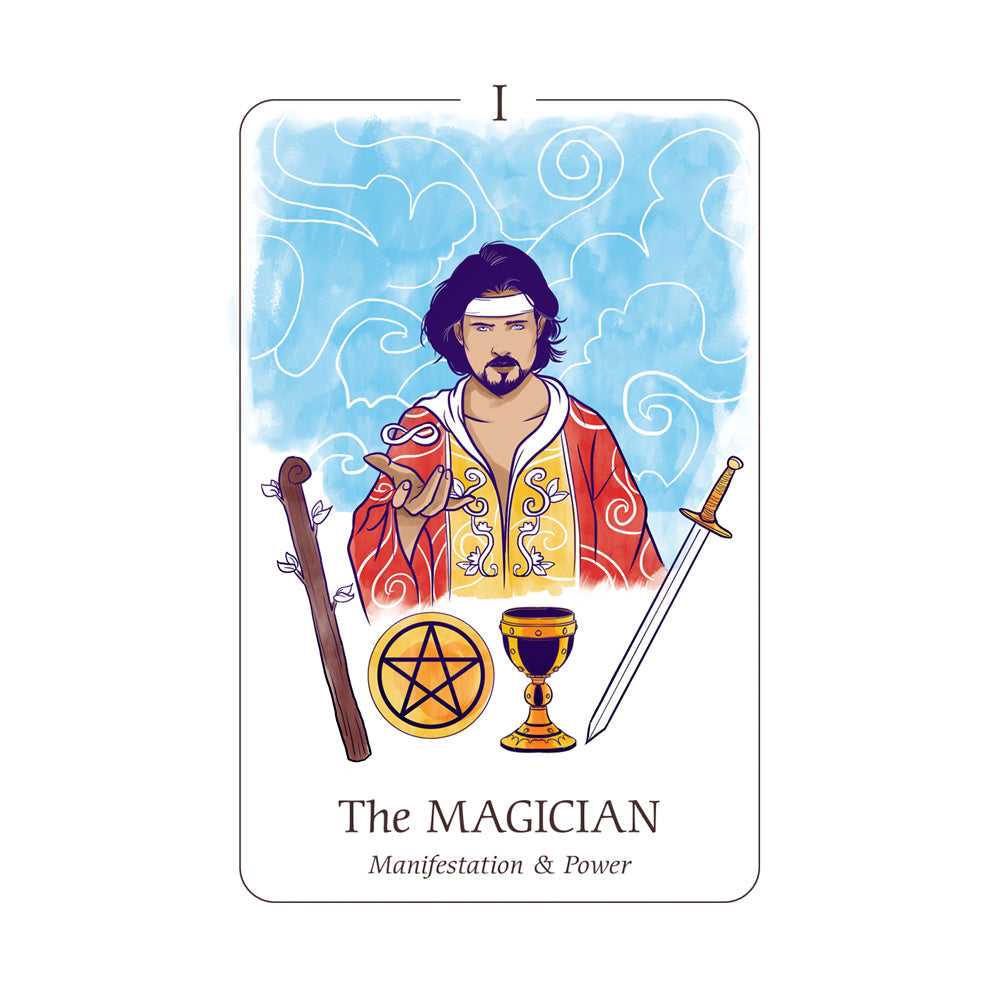 Tarot card titled 'The Magician' with a person holding  out their hand behind a staff and other symbols on a white background.