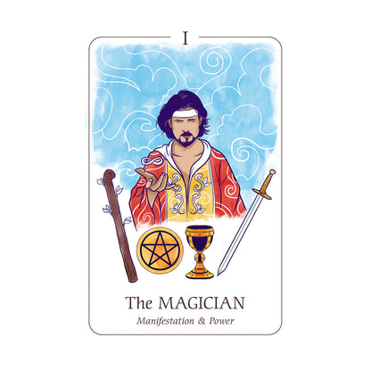 Tarot card titled 'The Magician' with a person holding  out their hand behind a staff and other symbols on a white background.