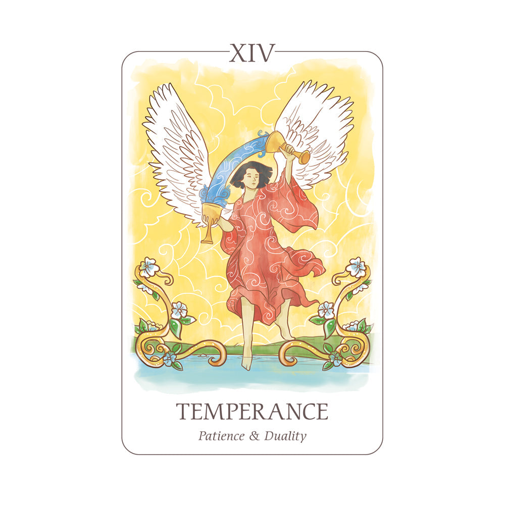 Tarot card titled 'Temperance' with a white winged person holding cups shifting water between the two against a yellow background.