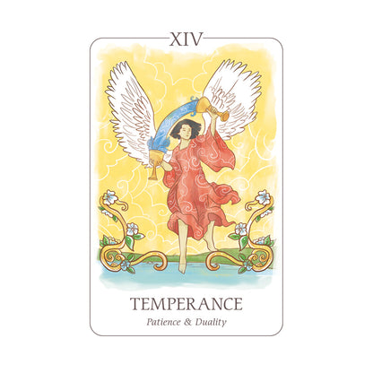Tarot card titled 'Temperance' with a white winged person holding cups shifting water between the two against a yellow background.
