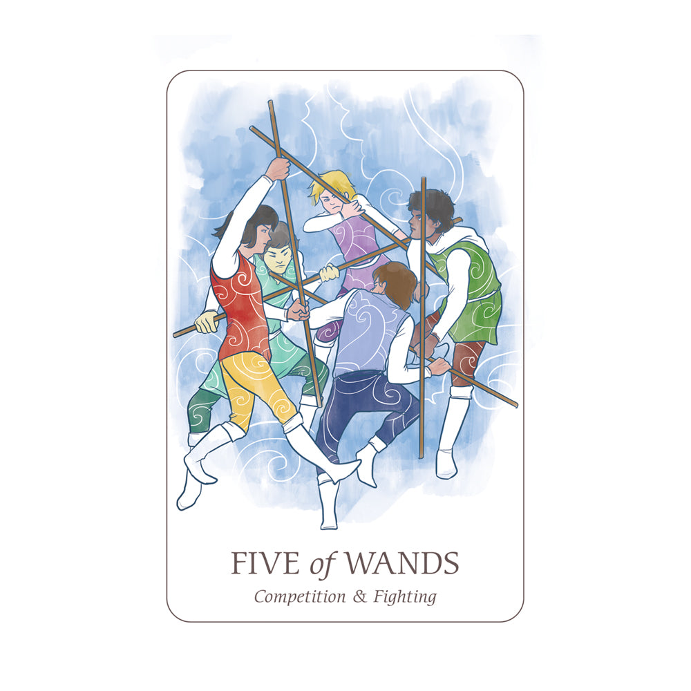 Tarot card titled 'Five of Wands' with five people holding wands against a light blue background fighting.