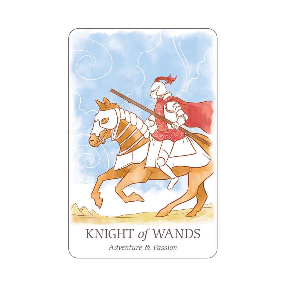 Card featuring a knight on a horse with 'Knight of Wands' text and description.