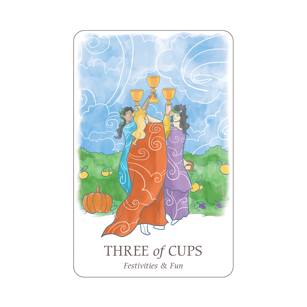 Tarot card titled 'Three of Cups' with three people holding up cups against a scenic background.