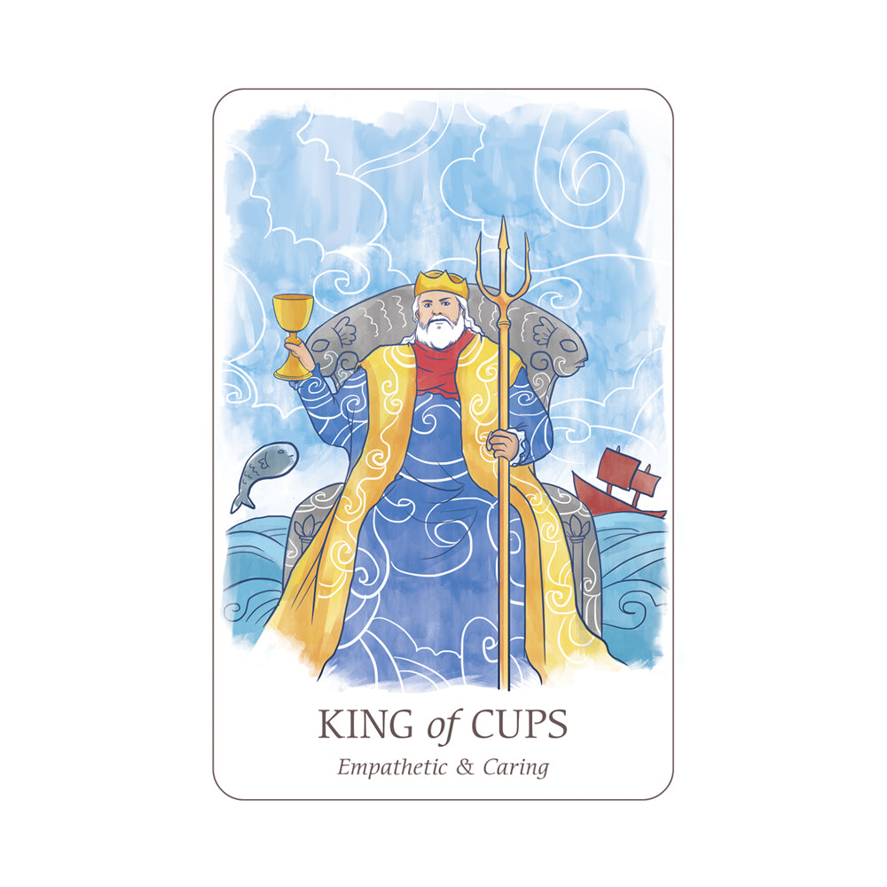 Card featuring the 'King of Cups' with a character holding a trident and a cup, set against a blue and white background.