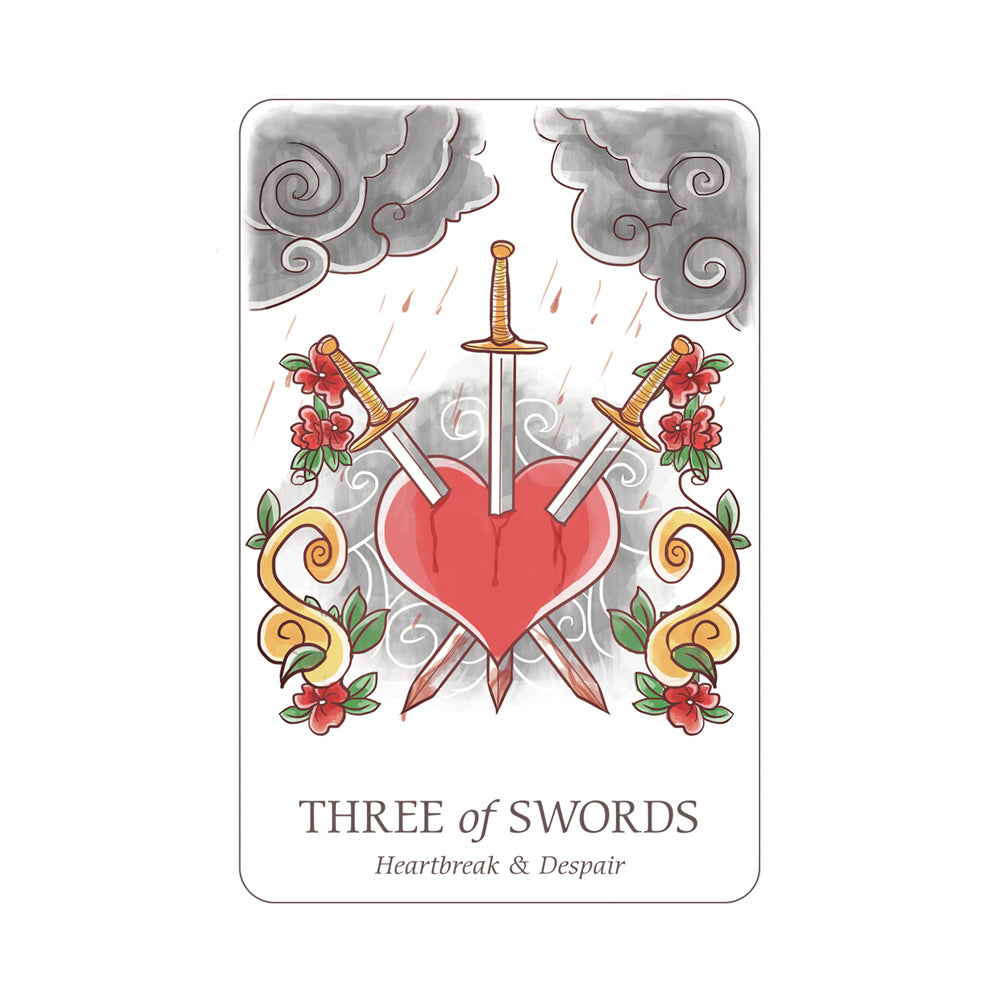 Card featuring three of swords piercing a heart with decorative elements on a white background
