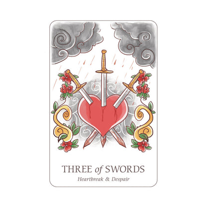 Card featuring three of swords piercing a heart with decorative elements on a white background