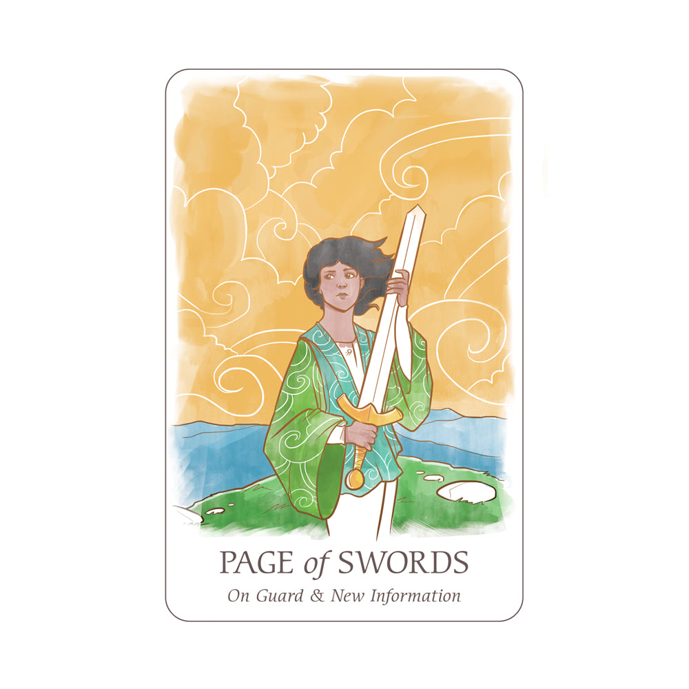 Tarot card titled 'Page of Swords' with a person holding a sword against a yellow and blue background.