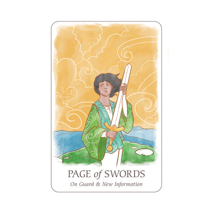 Tarot card titled 'Page of Swords' with a person holding a sword against a yellow and blue background.