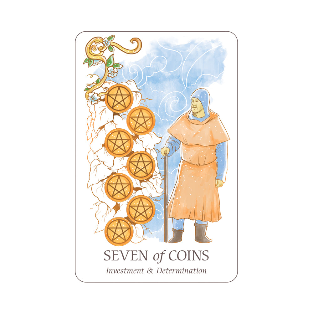 Tarot card titled 'Seven of Coins' with a figure and coins on a white background